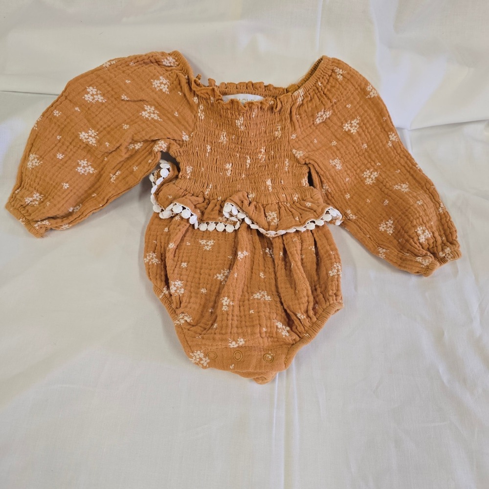 Smocked Romper 0-3 MRZ by Rachel Zoe Baby Girl Rust Orange Floral Cotton Gauze